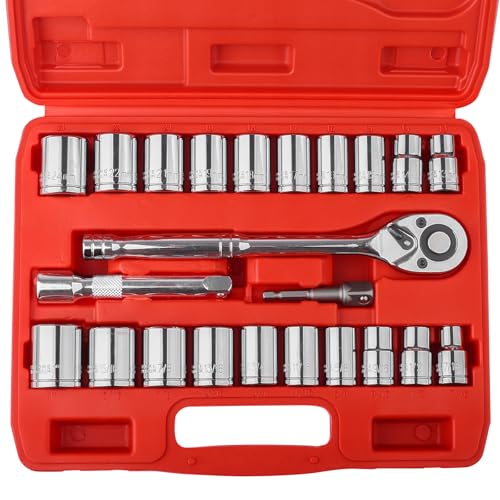 Egofine 1/2" Drive Socket Set, 23 Piece Standard SAE (7/16 to 1 inch) and Metric (13-19, 21, 22, 24mm) 6 Point, with Quick Release Ratchet, Extension Bars, Drive Drill Adapter - color: Red, size: 1/2" 23 PCS with 45 Teeth Ratchet