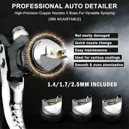 HVLP Spray Gun Kits with 1.4/1.7/2.5mm Nozzles 2 Cups Automotive Paint Guns - color: Black