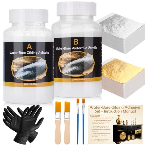 Gilding Adhesive Set- 200 ML Water Based Adhesive Glue and 200 ML Varnish with 100 Silver Leaf and 100 Sheets of Gold Foil Leaf Gilding Kit for DIY Art Painting Furniture Crafts Decoration