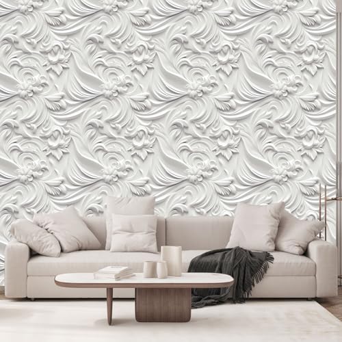 Peel and Stick Wallpaper White Gray Scroll Floral Modern - color: White&Light Gray, size: 17.7" x 78.7"