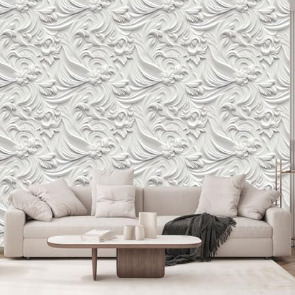 Peel and Stick Wallpaper White Gray Scroll Floral Modern - color: White&Light Gray, size: 17.7" x 78.7"