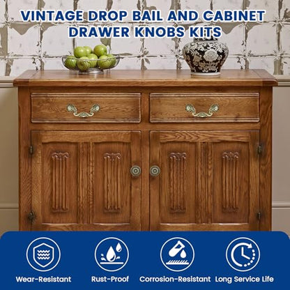 6 Pcs Vintage Drop Bail and Cabinet Drawer Knobs Kits, 3 Inch Hole Center