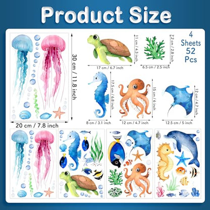 Ocean Sea Animals Wall Decals Stickers, 4 Sheets 52 Pcs - color: Ocean Animal