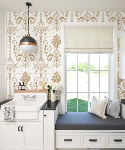 Damask Floral Peel and Stick Wallpaper Removable Gold Flowers Contact Paper - color: Gold, size: 17.3" x 197"