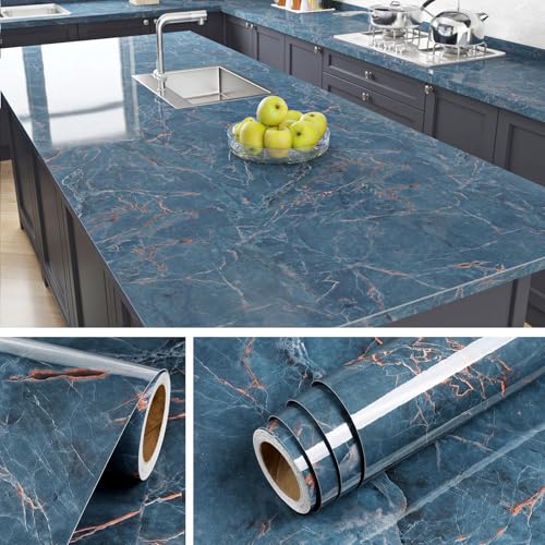 Livelynine 15.8x394 Marble Wall Paper Kitchen Countertop Peel and Stick Wallpaper Waterproof Contact Paper for Countertops Renter Friendly PVC Marble Table Top Vinyl Wrap Dark Blue Red Brown Sticker - color: Blue and Brown, size: 15.8" x 394"