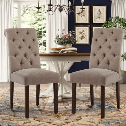 COLAMY Button Tufted Dining Chairs Set of 4, Parsons Upholstered Fabric Dining Room Chairs Kitchen Chairs with Wood Legs and Padded Seat, Taupe - color: Taupe, size: set of 4