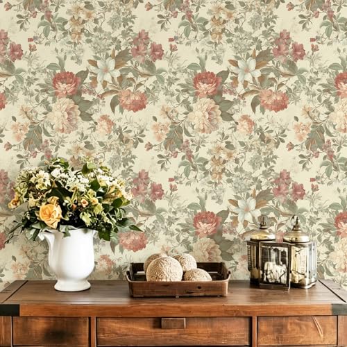 Floral Wallpaper Vintage Peel and Stick Wallpaper for Bathroom 78.7"×17.3" Cream Floral Wall Paper Peony French Country Contact Paper for Nursery Kitchen Self-Adhesive Vinyl Waterproof - color: Cream and Red, size: 17.3" x 78.7"