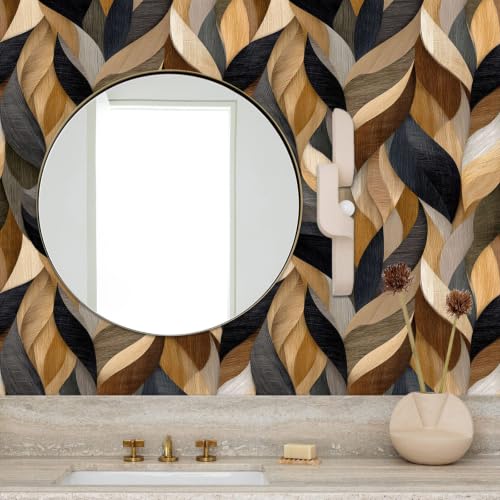 Wood Grain Modern Wavy Wallpaper Self Adhesive Peel and Stick Abstract Geometric Brown Grey Wall Paper Removable Waterproof for Bedroom Renter Friendly 17.71"x118.1" - color: QZ-HL00335-5a, size: 17.7" x 118.1"
