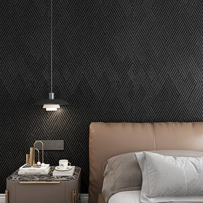 Decotalk Black Textured Geometric Peel and Stick Wallpaper - Black Textured Wallpaper for Bedroom 17.7x200 Inch Geometric Wall Paper Removable Dark Cabinets Vinyl Wrap, Renter Friendly - size: 17.7" x 200"