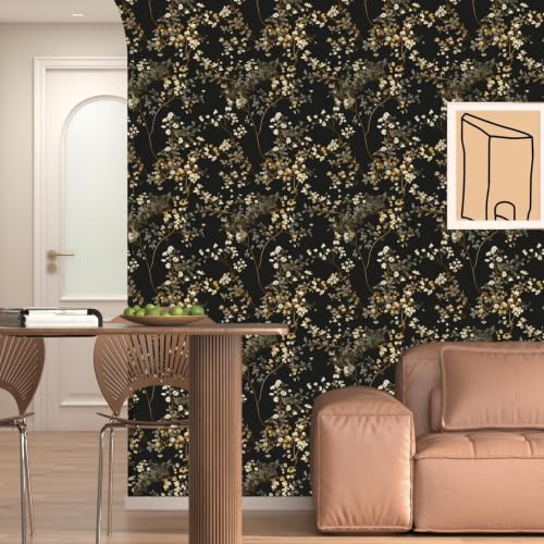 Fvlow Moody Black Dark Leaves Floral Peel and Stick Wallpaper 17.4" x 197" - color: Black/Muted Gold, size: 17.4" x 197"