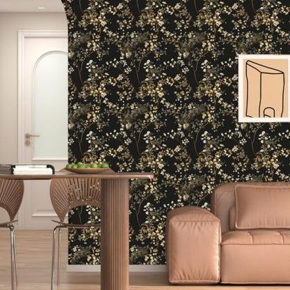 Fvlow Moody Black Dark Leaves Floral Peel and Stick Wallpaper 17.4" x 788" - color: Black/Muted Gold, size: 17.4" x 788"