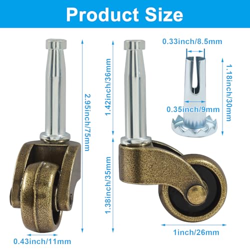 BokWin 1 Inch Swivel Stem Ball Caster Wheel, 4 Pack, Antique Brass