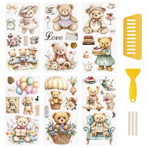 WANDIC 6 Sheets Vintage Bear Rub on Transfer Stickers, Waterproof Decals Furniture Stickers Home Decoration Decals for DIY Scrapbooking Photo Albums,15 * 30cm - color: Vintage Bear