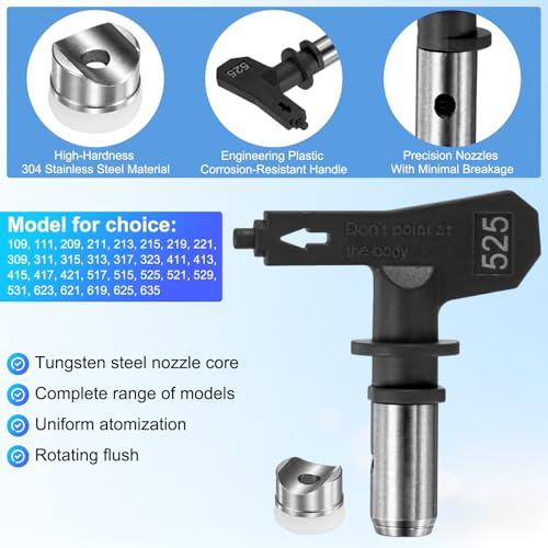 M METERXITY 1-Set Airless Paint Sprayer Tips, Tungsten Steel Reversible Spray Tips with 1 Pad for Homes/Buildings/Garden/Decks/Fences [Black, 525] - size: 525