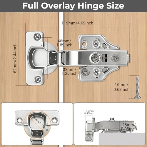 4 Pack 35mm Soft Close Full Overlay Cabinet Hinges, 3D Hydraulic - size: Full Overlay