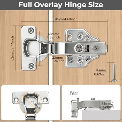 4 Pack 35mm Soft Close Full Overlay Cabinet Hinges, 3D Hydraulic - size: Full Overlay