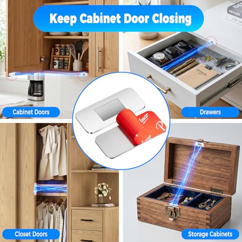 PHIXBEAR 9 Pairs Ultra-Thin Magnetic Cabinet Door Catch, No-Drill Adhesive Cabinet Magnets, Rust-Proof Stainless Steel Latches for Kitchen Cabinet Doors, Drawer, Closet, RV - Heavy Duty Silent Closure