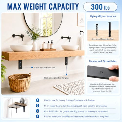WINKER Countertop Support Bracket 3 Pack Heavy Duty 3/8" Thick Hidden L Shelf Bracket 8" x 6" x 2.5" Metal Corbels for Quartz/Granite/Wood/Concrete/Laminate Countertops, Black - size: 8″x6″x2.5″-3/8" thick, style: Black-3Pack