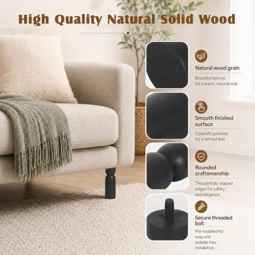 5.1 Inch wooden legs for furniture set of 4 Wood Furniture Legs Couch Feet Colorful Round Sofa Furniture Replacement Solid Wood Furniture Feet for Couch Bed Chair Cabinet Bookcase Dresser Ottoman - color: Black