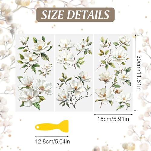 Magnolia Rub on Transfers Stickers, 3PCS Magnolia Flower Branch Furniture Transfers Stickers Decals for Bedroom Bedside Table Bookcase Wardrobe Desk Drawer Dresser - color: White Magnolia