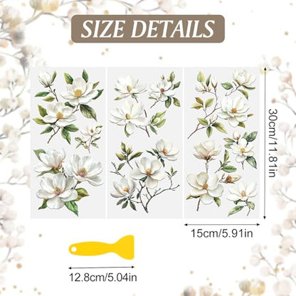 Magnolia Rub on Transfers Stickers, 3PCS Magnolia Flower Branch Furniture Transfers Stickers Decals for Bedroom Bedside Table Bookcase Wardrobe Desk Drawer Dresser - color: White Magnolia