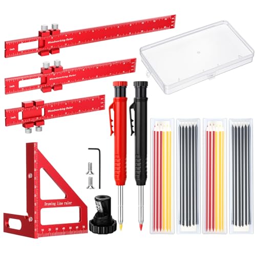 Relaxweex 32 Pack Woodworking Ruler Precision Metal Slide Rule 3D Multi-Angle Measuring Ruler Miter Triangle Rule and Mechanical Carpenter Pencils with Sharpener for Carpenters Craftsmen Builders