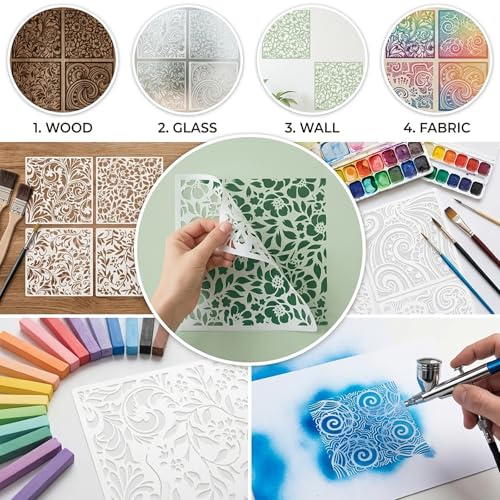 Retro Floral Pattern Painting Stencils Set - 8Inch/6Inch Reusable Flower Vine Swirl Stencil Templates for DIY Crafts, Wall Art, Furniture & Fabric Decor, Smooth PET Template for Acrylic & Spray Paint