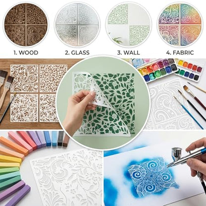 Retro Floral Pattern Painting Stencils Set - 8Inch/6Inch Reusable Flower Vine Swirl Stencil Templates for DIY Crafts, Wall Art, Furniture & Fabric Decor, Smooth PET Template for Acrylic & Spray Paint