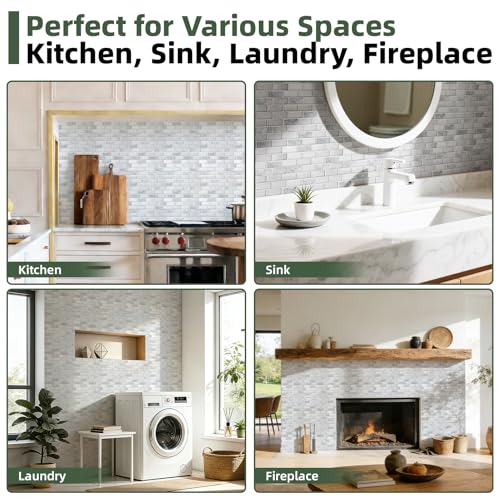 LONGKING Peel and Stick Subway Tile Backsplash for Kitchen, Vertical Strip Design, White Marble Tile, Waterproof Wall Sticker for Kitchen & Bathroom - color: Brick White Marble
