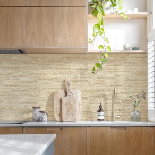 STICKGOO 10-Sheet Backsplash Peel and Stick Subway Tile(Thicker Design, Faux Golden Travertine) - color: Faux Golden Travertine