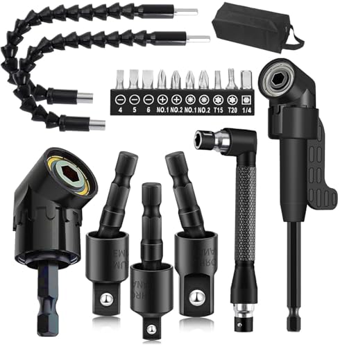 18 Pcs Flexible Drill Bit Extension Set 105° Right Angle Drill Bit Attachment 1/4, 3/8, 1/2 Inch Hex Adapter Socket Socket Wrench Bendable Magnetic Extender Screwdriver Electric Manual Tool - color: 18pcs-1