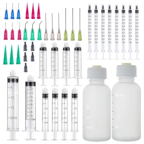 20 pack 1ml, 3ml, 5ml, 10ml, 20ml Glue Dispenser Accessories with 30ml+50ml Glue Bottle, 14ga, 16ga, 18ga,20ga, 22ga, 25ga Dispensing Accessories and Caps, for Liquid, Glue, Ink, craft making - size: 20 Pack (1ml, 3ml, 5ml, 10ml, 20ml)
