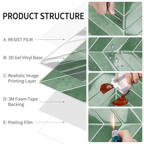 10-Sheet Herringbone Peel and Stick Backsplash Tiles for Kitchen, 3D Marble Look Self Adhesive Stick on Back Splashes Wall Tiles for Bathroom 11.5"x9" Light Green - color: Light Green