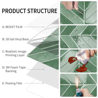 10-Sheet Herringbone Peel and Stick Backsplash Tiles for Kitchen, 3D Marble Look Self Adhesive Stick on Back Splashes Wall Tiles for Bathroom 11.5"x9" Light Green - color: Light Green