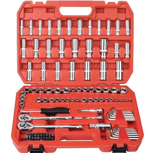 Egofine 117 Pieces 1/4 & 3/8 inch Drive Socket Ratchet Wrench Set, Metric/SAE Size, with Bit Socket Set and Extension Bar for Auto Repairing and Household, with Storage Case - color: Red, size: 3/8" & 1/4" 117 PCS with 72 Teeth Ratchet