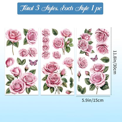 GLOBLELAND 3 Sheets Pink Rose Rub on Transfer for Furniture 6×12 inch - style: Pink Rose