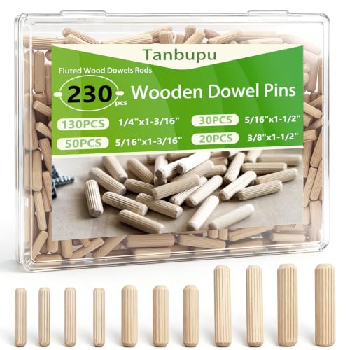 230Pcs Wooden Dowel Pins 1/4 3/8 5/16 Inch Fluted Wood Dowels Rods Pegs Assortment for Furniture Woodworking DIY Crafts - size: 4 sizes-230pcs