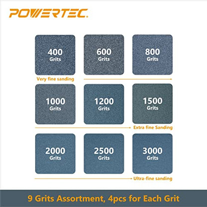 POWERTEC 471001 Wet Dry Sandpaper, Assorted Grit, 9" by 3.6", 36 PK, 4 of each400/600/800/1000/1200/1500/2000/2500/3000 - style: 36PK - 9 Assorted Grits