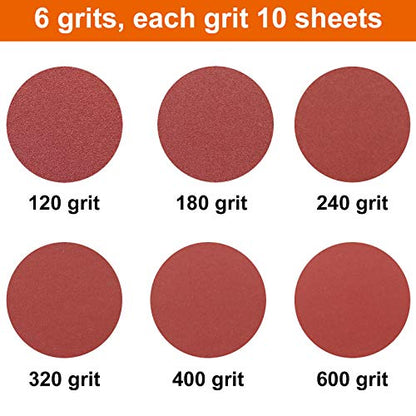 Detail Sander Paper, 120-600 Grits, Hook and Loop Backing, 5 Holes, for Sanding and Polishing, 60 Sheets - size: 120-600