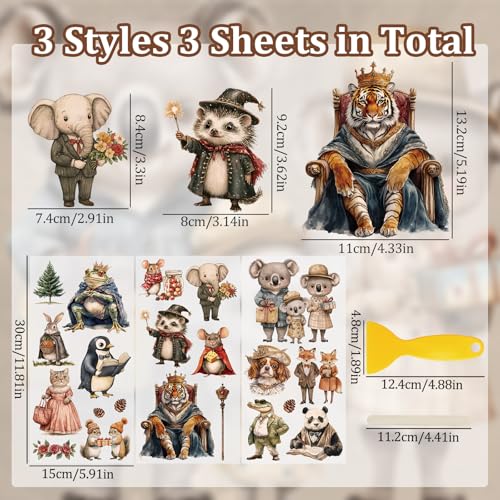 WANDIC 3 Sheets Animal Rub On Transfer Stickers Cartoon Scrapbook Stickers Window Decals Waterproof Decals for DIY Furniture Photo Albums,15 * 30cm - color: Retro Anthropomorphic Animal