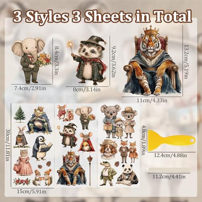 WANDIC 3 Sheets Animal Rub On Transfer Stickers Cartoon Scrapbook Stickers Window Decals Waterproof Decals for DIY Furniture Photo Albums,15 * 30cm - color: Retro Anthropomorphic Animal
