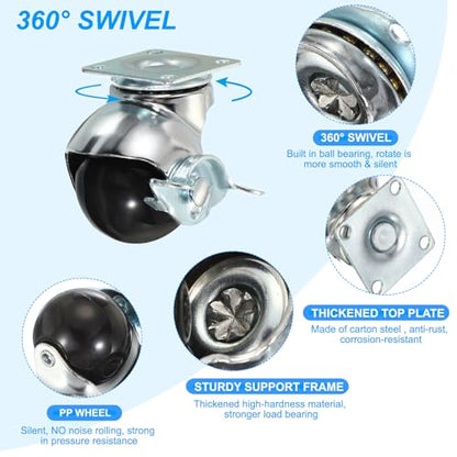 PATIKIL 2 Inch Ball Caster Wheels with Brake, 4 Pack 360° Rotating Swivel Top Plate Wheels 397 lbs Total Capacity Locking Caster with M4 Screws for Furniture Table Cabinet Chrome - color: Chrome, size: 2 Inch