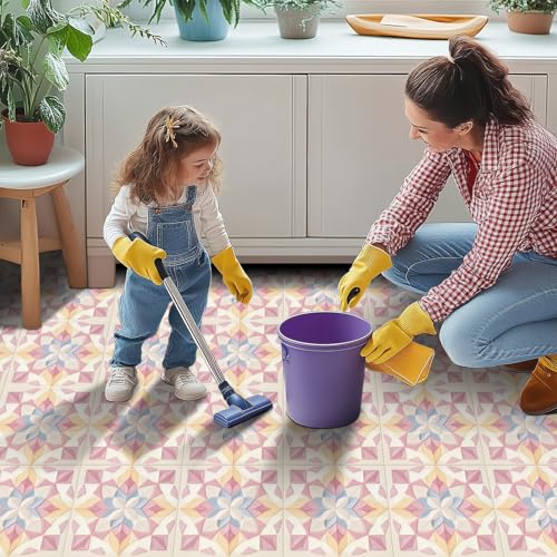 HOMETITUTE Pink Geometric Floral Peel Stick Vinyl Floor Tile 12x12 Inch - style: Pastel Floral Look