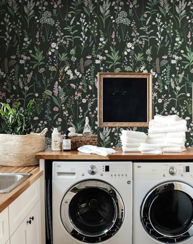 JiffDiff Dark Green Botanical Floral Peel and Stick Wallpaper 17.3" x 1181" - color: Dark Green, size: 17.3" x 1181"