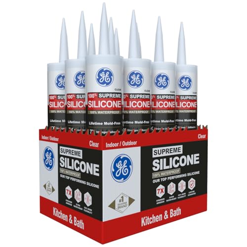 GE Supreme Silicone Caulk for Kitchen & Bathroom, Clear, 10 fl oz Cartridge, 12 Pack - 100% Waterproof Silicone Sealant, 7X Stronger Adhesion, Shrink & Crack Proof - color: Clear, size: Pack of 12