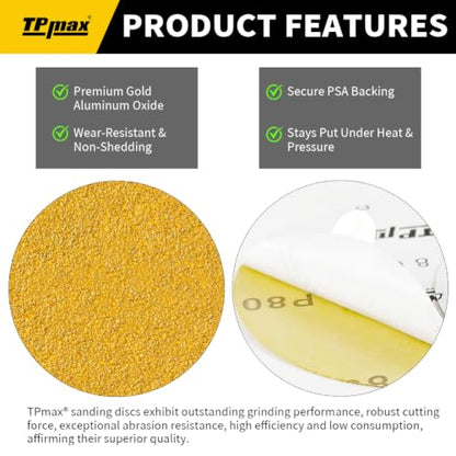TPmax 6-Inch 100-Grit Gold PSA Sanding Discs, 50 Pack – Pro-Grade Self-Adhesive Stickyback Sandpaper with Quick-Release Tabs for DA Sander, Medium-Coarse Automotive/Wood/Metal Sanding - style: 100 Grit