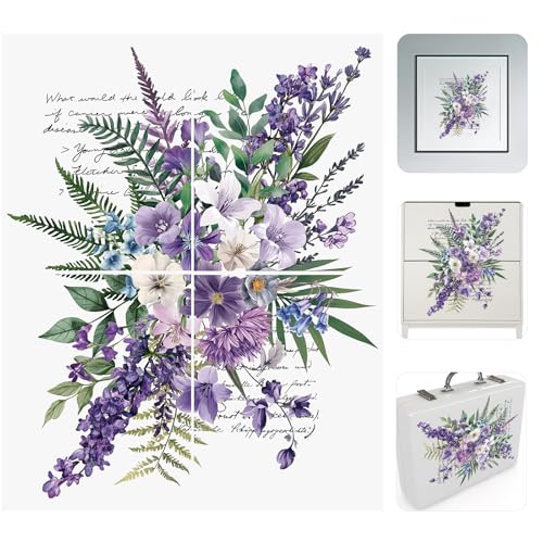 WANDIC 4 Sheets Rub on Transfer Sticker, Purple Flower Theme Transfer Stickers Large Waterproof Furniture Decal for DIY Craft Walls Windows, 24 * 30cm