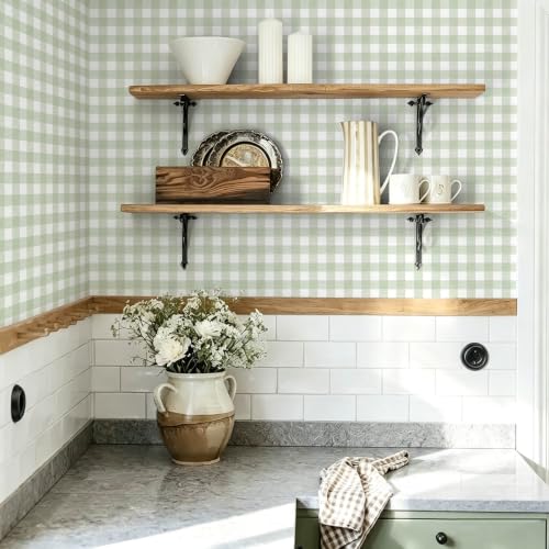 Peel and Stick Wallpaper for Bedroom Green & White Plaid 196"×17.3" - color: Green and White, size: 17.3" x 196"