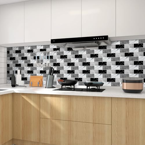 10 Sheets Peel and Stick Backsplash for Kitchen 12"X12" Back Splash Adhesive Subway Wall Tile Flat Vinyl Sticker for Bathroom on Renter Friendly Marble 2-6 (Not 3D Tile) - color: Grey Marble