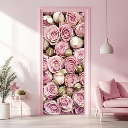 arricraft 2 Sheets Self-Adhesive Door Sticker, 80cmx200cm/31.5x78.7inch Rose Flower Pattern Door Murals Stickers PVC Removable Wallpaper Decoration for Bedrooms Living Room - style: Rose Flower